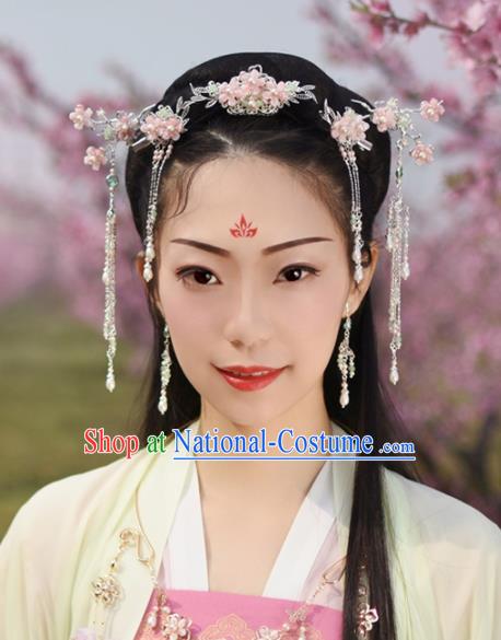 Chinese Handmade Palace Pink Flowers Hair Crown Hairpins Ancient Princess Hanfu Hair Accessories Headwear for Women