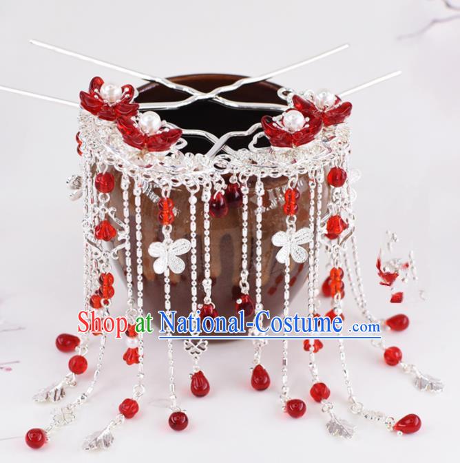 Chinese Handmade Palace Red Flowers Tassel Hairpins Ancient Princess Hanfu Hair Accessories Headwear for Women