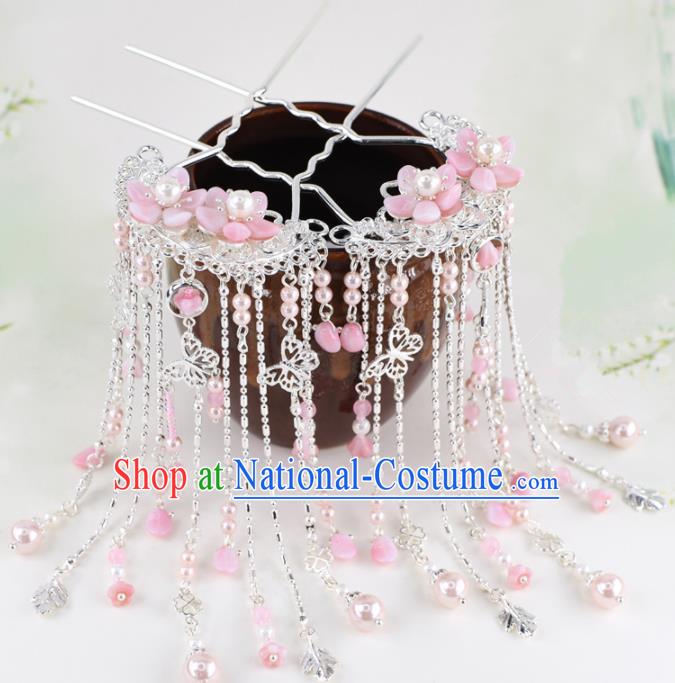 Chinese Handmade Palace Pink Flowers Tassel Hairpins Ancient Princess Hanfu Hair Accessories Headwear for Women