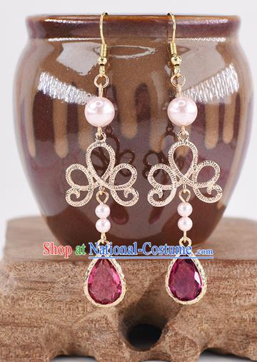 Handmade Chinese Classical Rosy Crystal Tassel Earrings Ancient Palace Hanfu Ear Accessories for Women