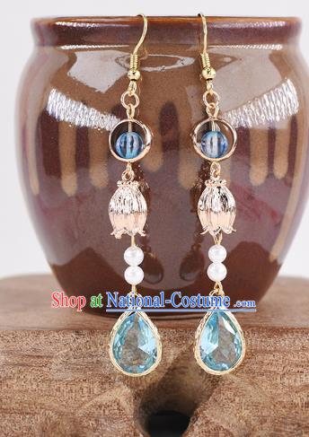 Handmade Chinese Classical Blue Crystal Tassel Earrings Ancient Palace Hanfu Ear Accessories for Women