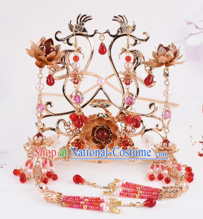 Chinese Handmade Palace Red Beads Tassel Hair Crown Hairpins Ancient Princess Hanfu Hair Accessories Headwear for Women