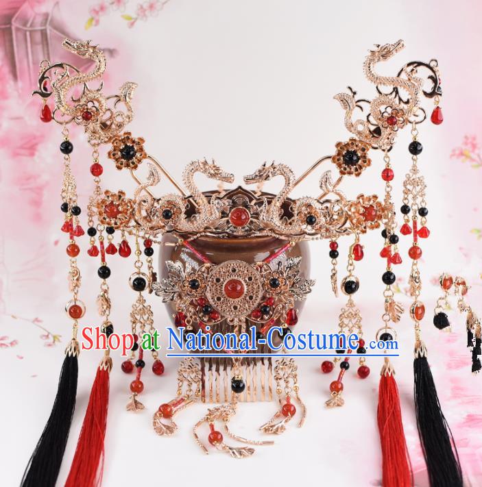 Chinese Handmade Palace Dragons Tassel Hair Crown Hairpins Ancient Princess Hanfu Hair Accessories Headwear for Women