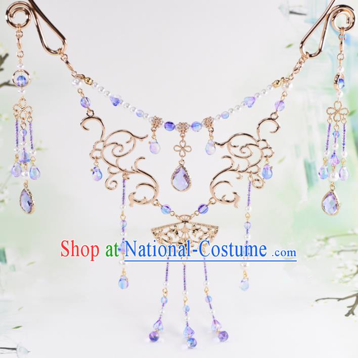 Handmade Chinese Classical Purple Crystal Tassel Necklace Ancient Palace Hanfu Necklet Accessories for Women