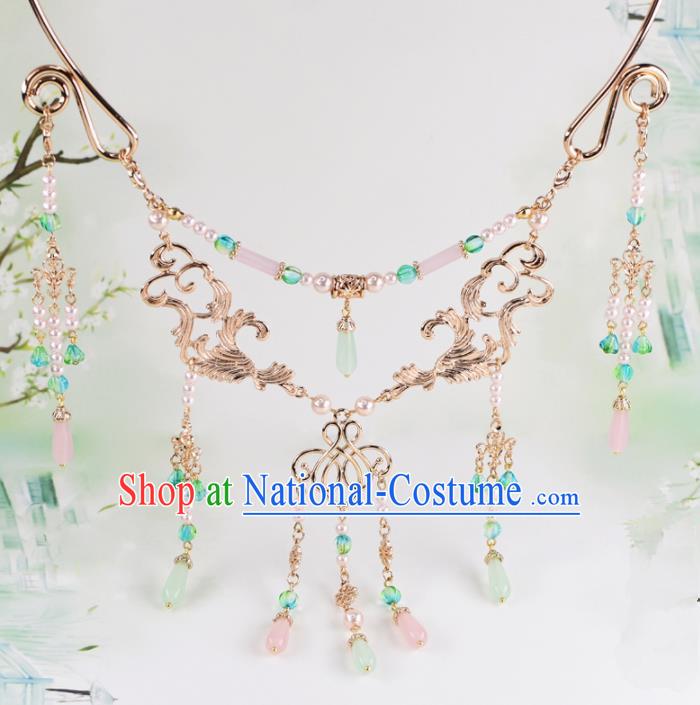 Handmade Chinese Classical Rose Chalcedony Tassel Necklace Ancient Palace Hanfu Necklet Accessories for Women