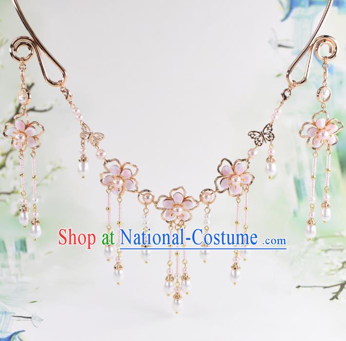 Handmade Chinese Classical Pink Flowers Tassel Necklace Ancient Palace Hanfu Necklet Accessories for Women