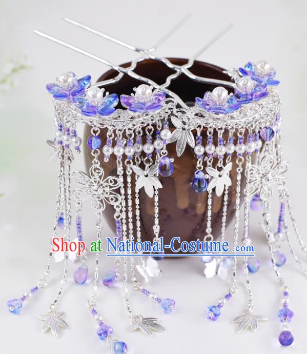 Chinese Handmade Palace Purple Flowers Tassel Hairpins Ancient Princess Hanfu Hair Accessories Headwear for Women