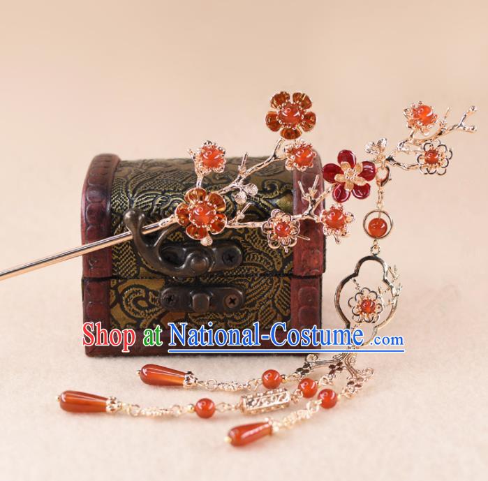 Chinese Handmade Palace Agate Plum Blossom Hairpins Ancient Princess Hanfu Hair Accessories Headwear for Women