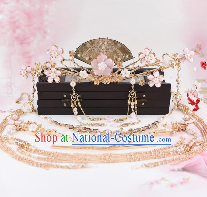 Chinese Handmade Palace Pink Flowers Hair Crown Hairpins Ancient Princess Hanfu Hair Accessories Headwear for Women