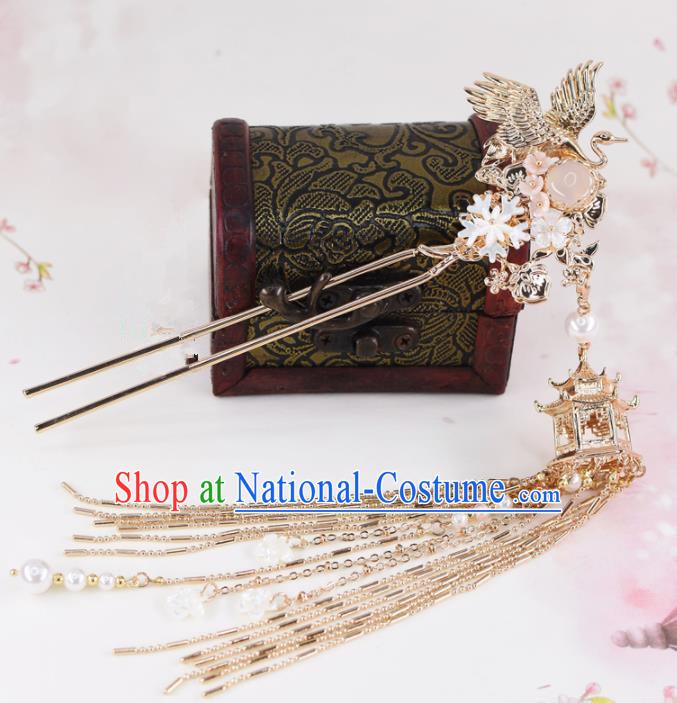 Chinese Handmade Palace Golden Crane Tassel Step Shake Hairpins Ancient Princess Hanfu Hair Accessories Headwear for Women