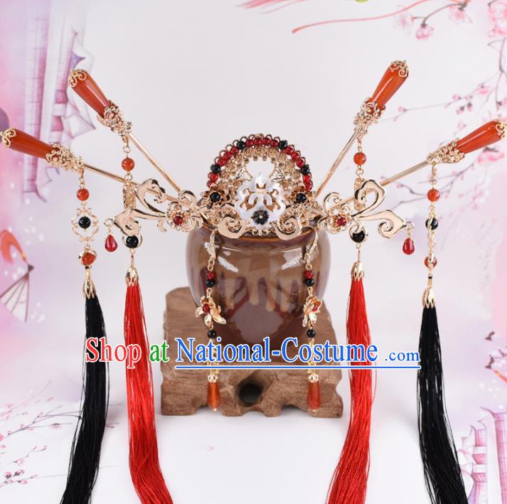 Chinese Handmade Palace Hair Crown Red Agate Hairpins Ancient Princess Hanfu Hair Accessories Headwear for Women