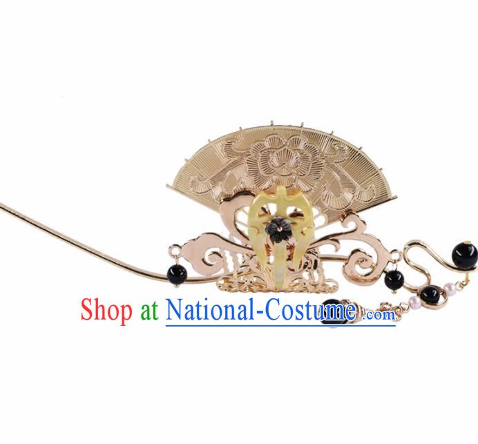 Chinese Handmade Palace Golden Fan Hairpins Ancient Princess Hanfu Hair Accessories Headwear for Women