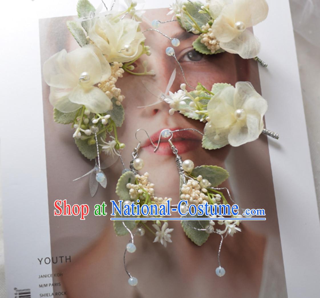 Romantic Handmade Flower Head Gear Garland Hair Jewelries and Earrings Complete Set for Women