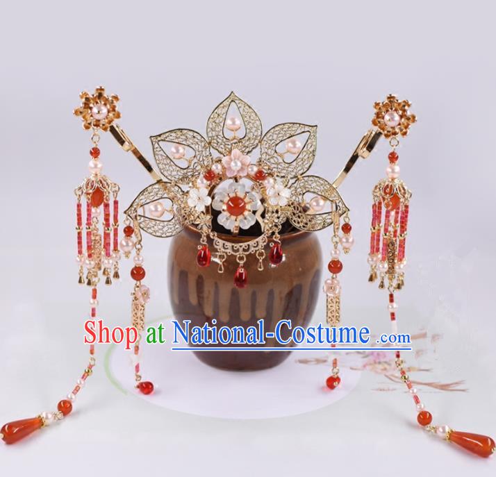 Chinese Handmade Palace Hairpins Agate Tassel Hair Crown Ancient Princess Hanfu Hair Accessories Headwear for Women