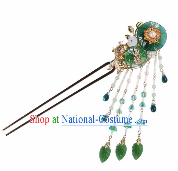 Chinese Handmade Palace Lotus Leaf Tassel Hairpins Ancient Princess Hanfu Hair Accessories Headwear for Women