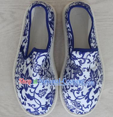 Chinese Handmade Printing Blue Lotus Cloth Shoes Traditional National Shoes Ancient Princess Hanfu Shoes for Women