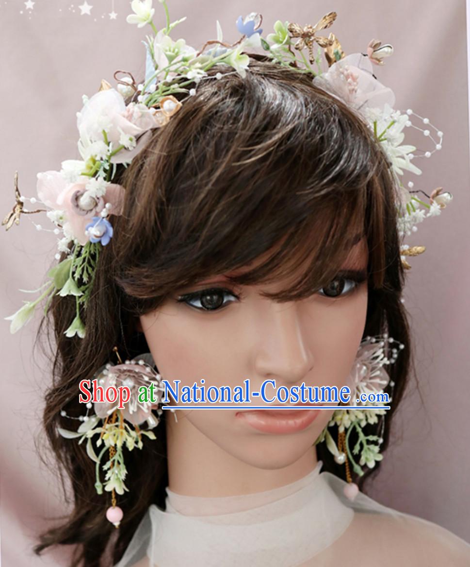 Romantic Handmade Beautiful Wedding Garland Hair Decoration and Earring Full Set for Girls