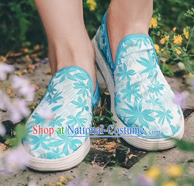 Chinese Handmade Printing Blue Lotus Cloth Shoes Traditional National Shoes Ancient Hanfu Shoes for Women