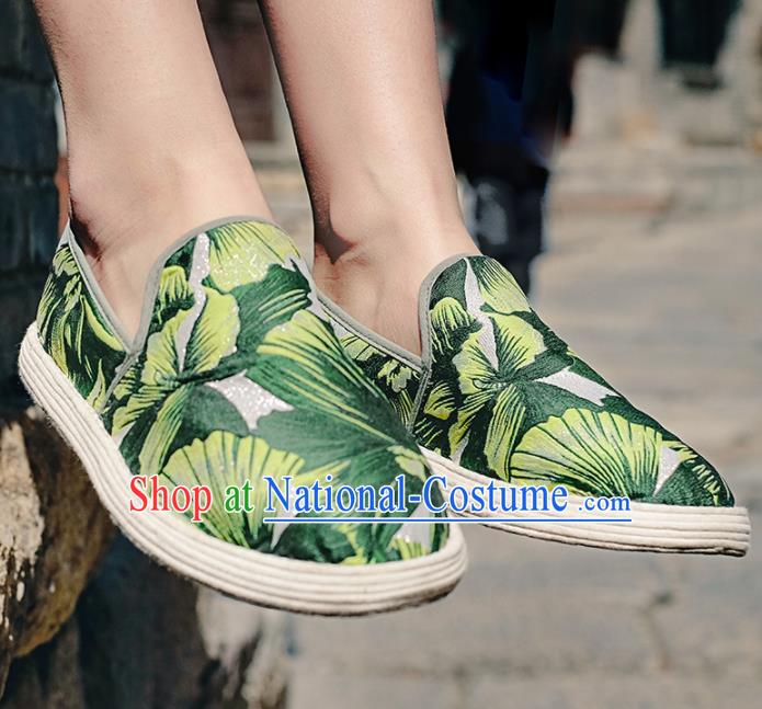 Chinese Handmade Printing Green Cloth Shoes Traditional National Shoes Ancient Hanfu Shoes for Women