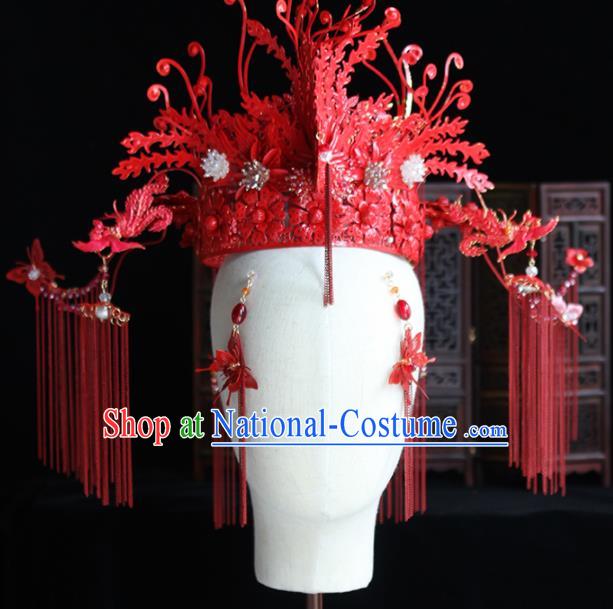 Chinese Handmade Palace Red Phoenix Coronet Hairpins Ancient Princess Hanfu Hair Accessories Headwear for Women