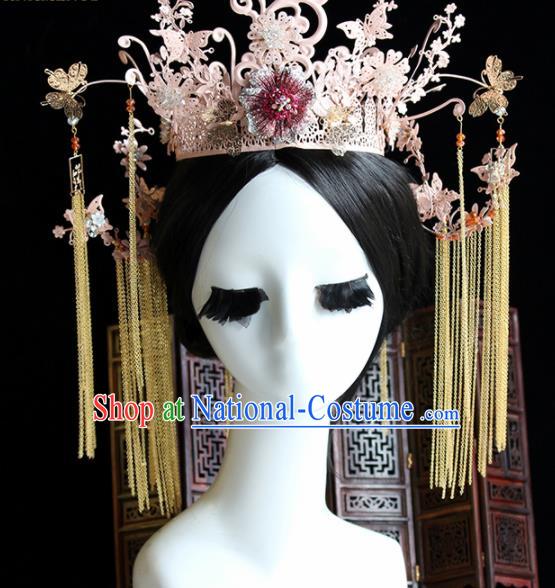 Chinese Handmade Palace Pink Phoenix Coronet Hairpins Ancient Princess Hanfu Hair Accessories Headwear for Women