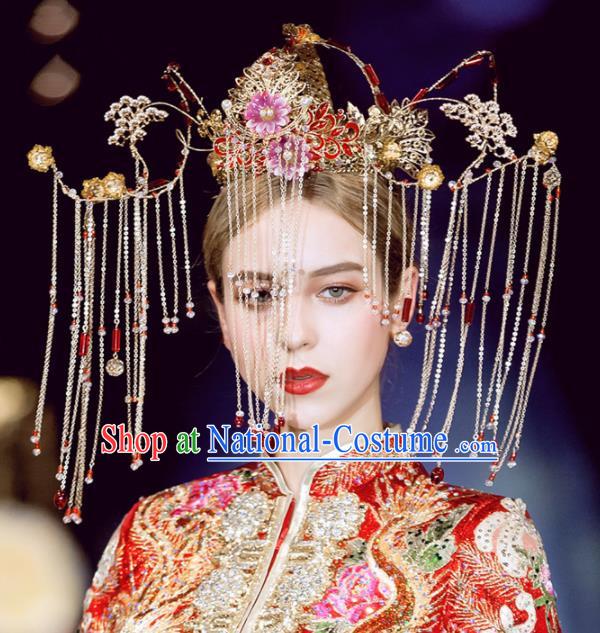 Chinese Handmade Palace Red Cloisonne Phoenix Coronet Hairpins Ancient Princess Hanfu Hair Accessories Headwear for Women