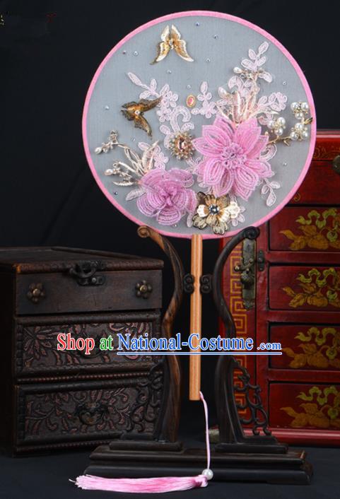 Chinese Traditional Wedding Pink Peony Round Fans Ancient Bride Palace Fan for Women