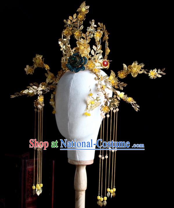 Chinese Handmade Palace Queen Golden Phoenix Coronet Hairpins Ancient Hair Accessories Headwear for Women