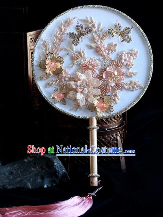 Chinese Traditional Wedding Pink Lace Round Fans Ancient Bride Palace Fan for Women