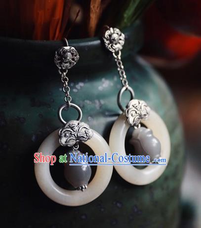 Handmade Chinese Classical Jade Ring Earrings Ancient Palace Hanfu Ear Accessories for Women