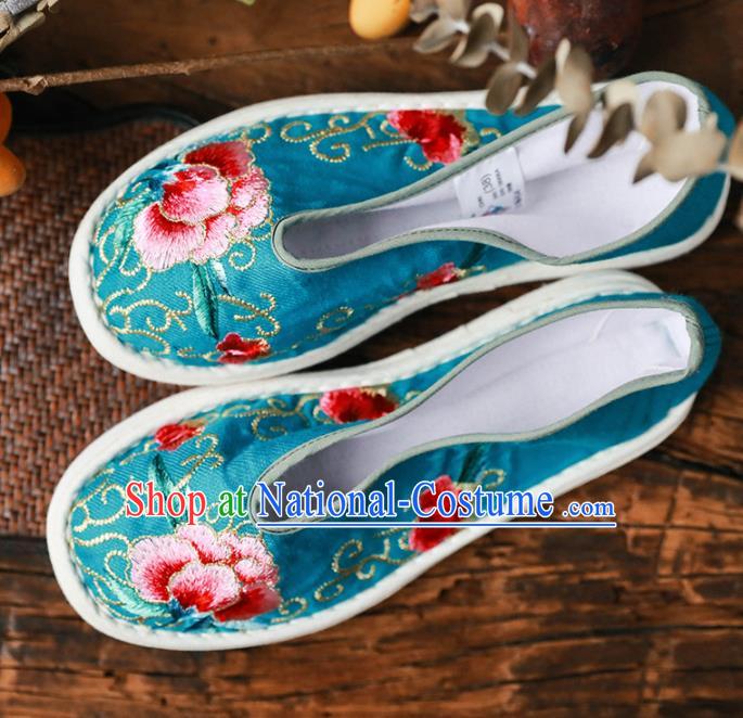 Chinese Handmade Blue Cloth Shoes Traditional National Shoes Ancient Princess Embroidered Peony Hanfu Shoes for Women