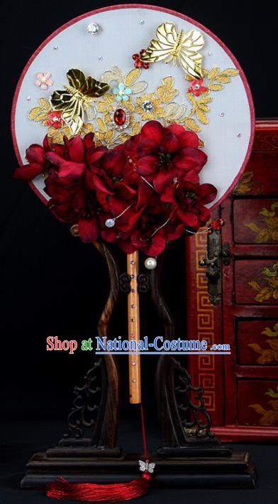 Chinese Traditional Wedding Red Flowers Round Fans Ancient Bride Palace Fan for Women