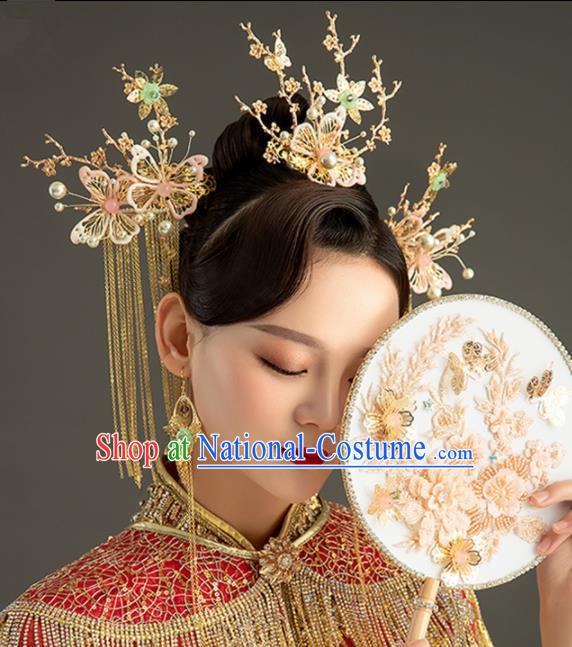 Chinese Handmade Palace Queen Pink Butterfly Phoenix Coronet Hairpins Ancient Hair Accessories Headwear for Women