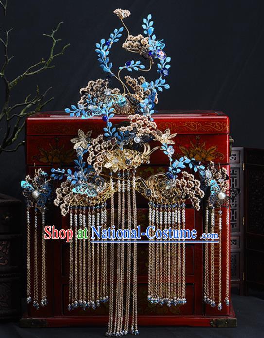 Chinese Handmade Palace Queen Cloisonne Leaf Phoenix Coronet Hairpins Ancient Hair Accessories Headwear for Women