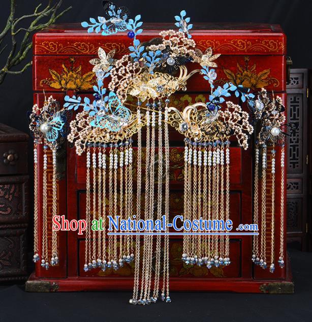 Chinese Handmade Palace Queen Cloisonne Leaf Phoenix Coronet Hairpins Ancient Hair Accessories Headwear for Women