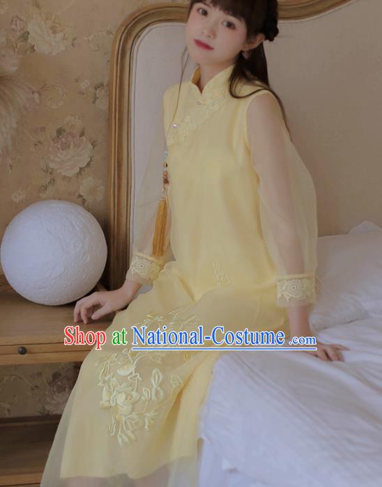 Chinese Classical National Yellow Veil Cheongsam Traditional Tang Suit Qipao Dress for Women