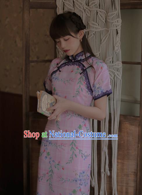 Chinese Classical National Printing Pink Cheongsam Traditional Tang Suit Qipao Dress for Women