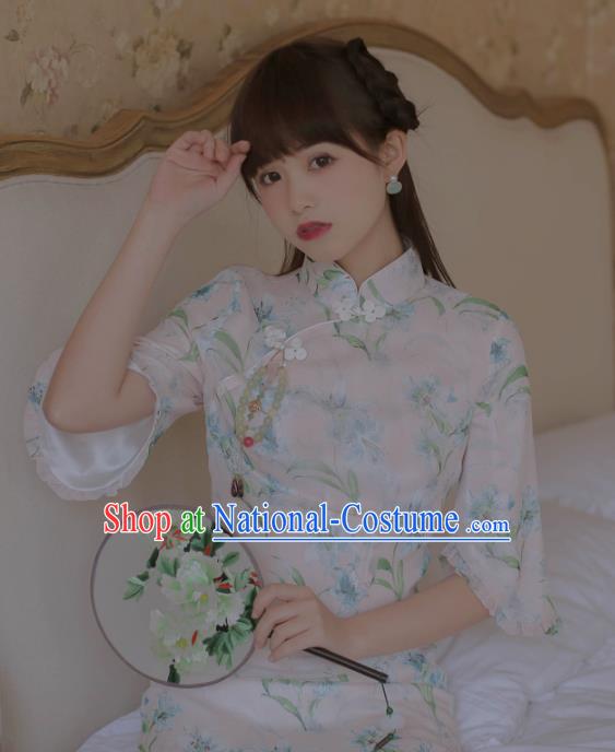 Chinese Classical National Printing White Cheongsam Traditional Tang Suit Qipao Dress for Women