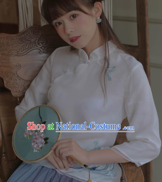 Chinese National Classical Embroidered White Silk Qipao Blouse Traditional Tang Suit Upper Outer Garment for Women