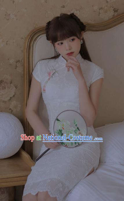 Chinese Classical National White Lace Cheongsam Traditional Tang Suit Qipao Dress for Women