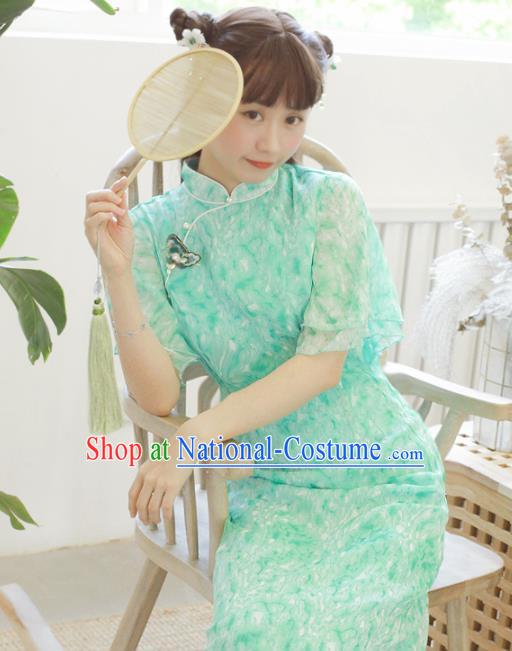 Chinese Classical National Green Veil Cheongsam Traditional Tang Suit Qipao Dress for Women