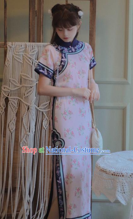 Chinese National Printing Pink Cheongsam Traditional Classical Tang Suit Qipao Dress for Women