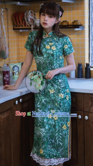 Chinese National Printing Green Cheongsam Traditional Classical Tang Suit Qipao Dress for Women