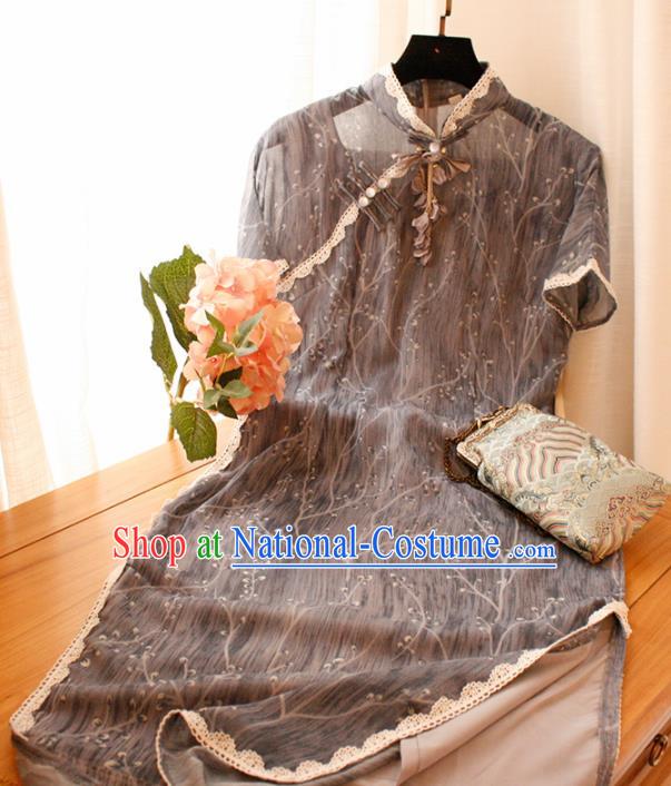 Chinese National Grey Veil Cheongsam Traditional Classical Tang Suit Qipao Dress for Women