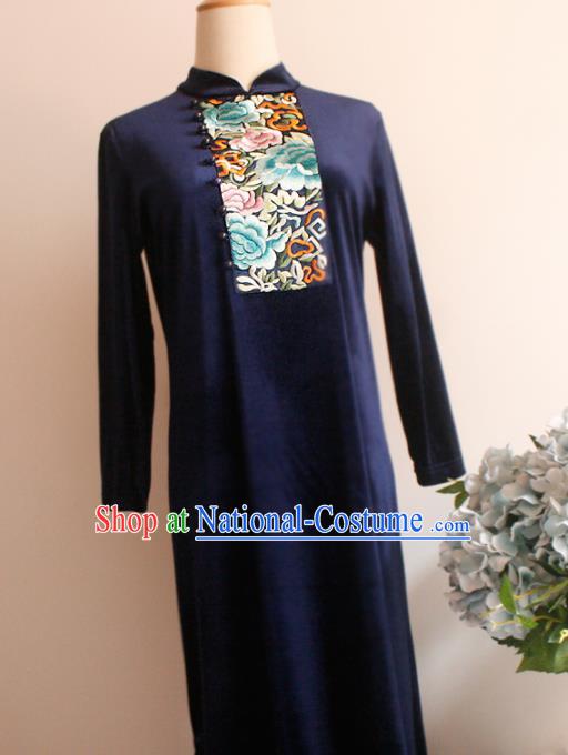 Chinese National Embroidered Navy Cheongsam Traditional Classical Tang Suit Qipao Dress for Women