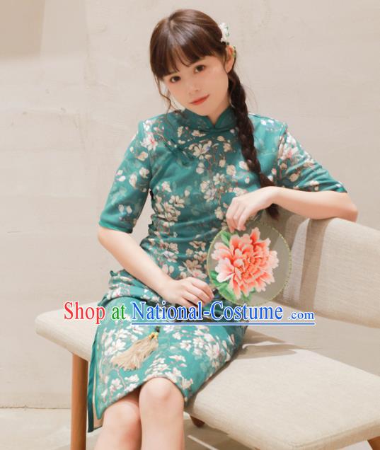 Traditional Chinese National Printing Green Cheongsam Classical Tang Suit Qipao Dress for Women