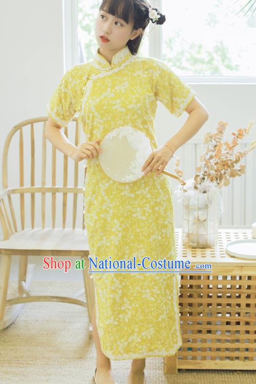 Traditional Chinese National Yellow Cheongsam Classical Tang Suit Qipao Dress for Women