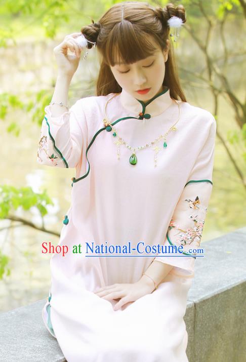 Traditional Chinese National Embroidered Flowers Pink Cheongsam Classical Tang Suit Qipao Dress for Women