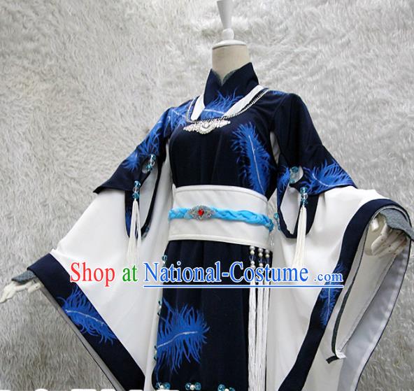 Chinese Traditional Cosplay Peri Costume Ancient Swordswoman Navy Hanfu Dress for Women