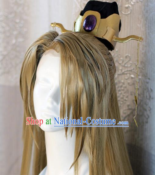 Chinese Traditional Cosplay Prince Golden Wig Ancient Swordsman Wig Sheath for Men